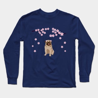 Spring Pug Dog with Sakura Floral Tree Long Sleeve T-Shirt